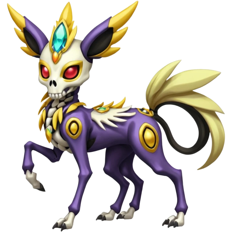 Colorful Skeletal skull-faced masked Futuristic Meloetta-Manectric-Solgaleo-Raikou-Pokémon-Digimon-Fakémon-fusion-hybrid-creature, full body emoji