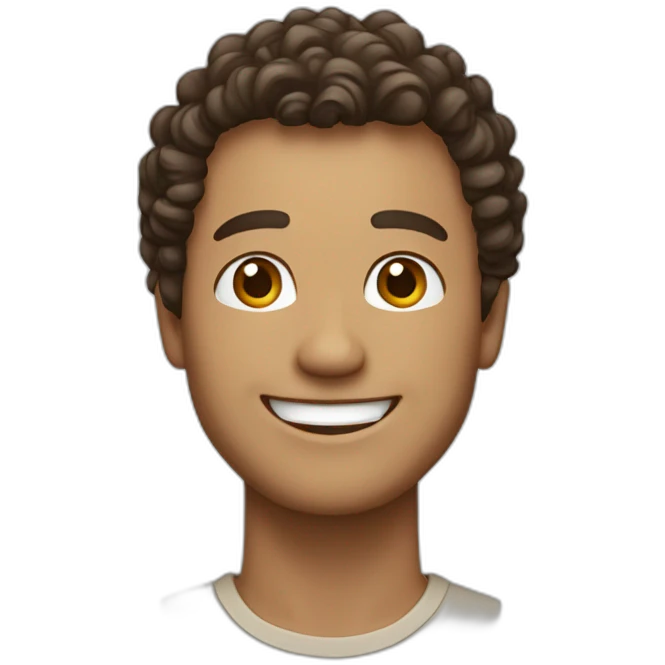   Design an AI emoji depicting a smiling man with light brown or white complexion, very short dark brown curly hair, radiating positivity and joy. emoji