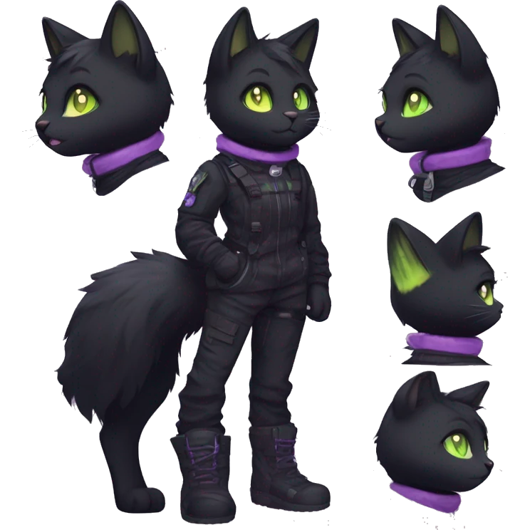 Gorgeous furry dark techwear style anthro black cat furry sona Fakemon with blushing face yellow-green eyes with ponytail, aesthetic and pretty edgy black with violet collar and harness trending style emoji