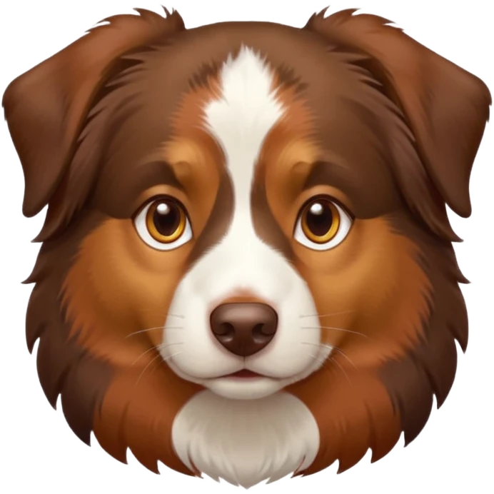 A tri color Australian shepherd with a chocolate brown base coat, red/gold fur on his eyebrows and snout/cheeks, a white chest, and gold eyes emoji
