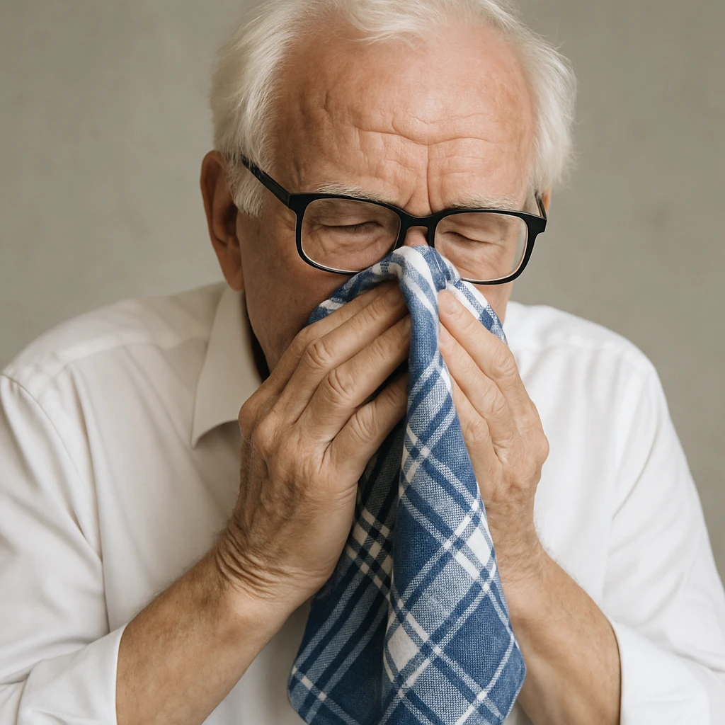 old man with white hair, white skin, black-framed glasses, wearing a white shirt, blowing his nose on a large thick blue and white checkered handkerchief emoji