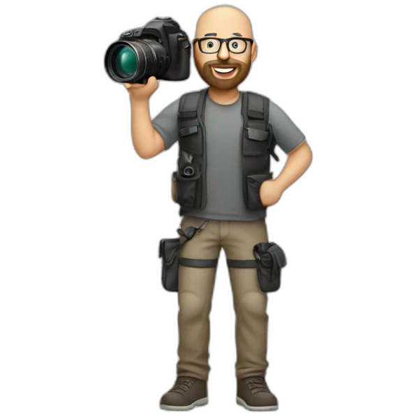 Bald guy photographer with beard. Full body emoji