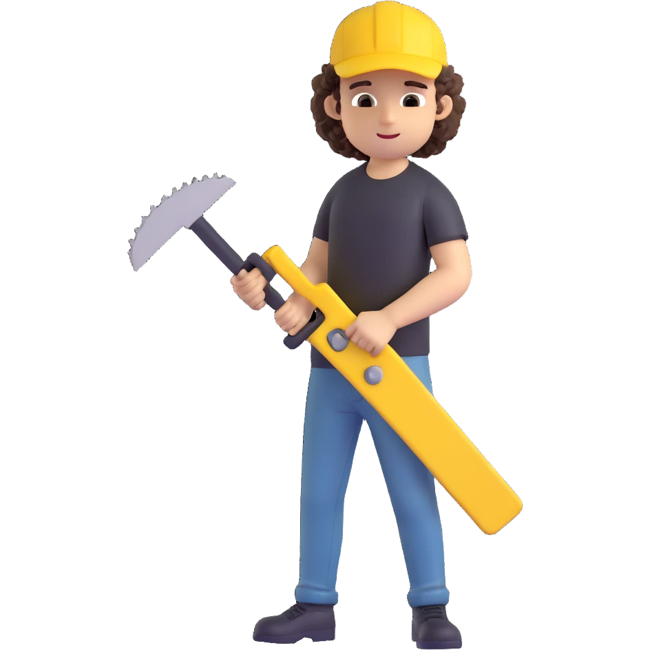 create a character with a saw, cute guy, curly, in a black t-shirt and a yellow cap, in 3d emoji