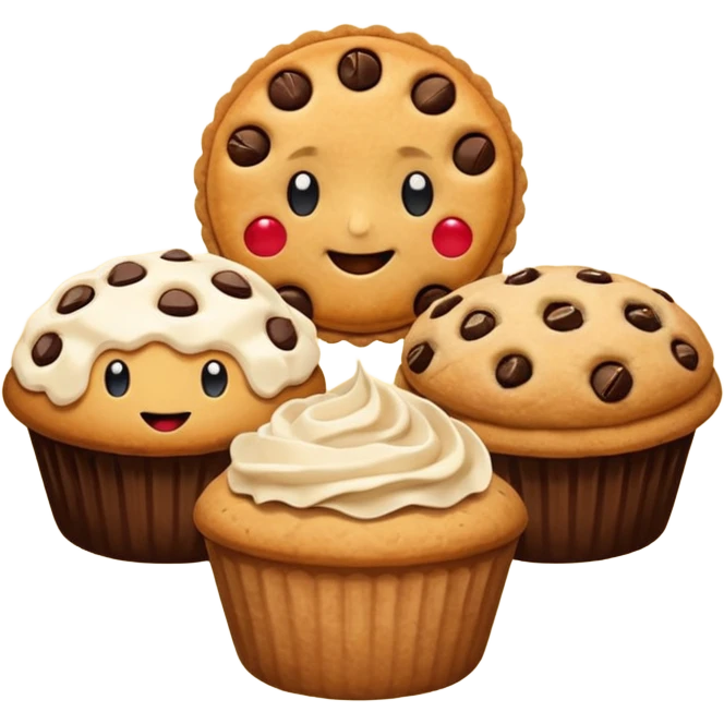 Baking community humanless avatar in clean emoji-style illustration. Pie, cookie, and muffin warm golden tones, simple shapes, flat design, high contrast, cozy and friendly. emoji