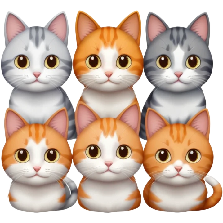 6 cats with different coloured coats, 2 are grey and white, 1 is grey with a little white, 1 calico, 1 brown tabby and white and one ginger and white emoji