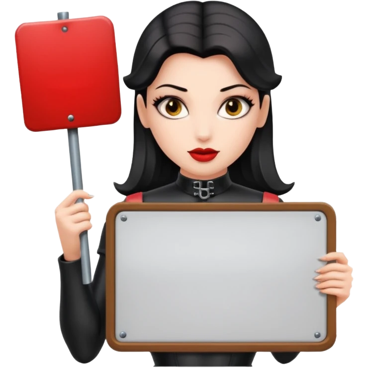 A dominatrix holding a large sign emoji