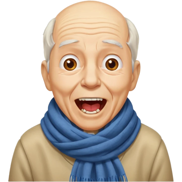 An elderly man with scarf and wrinkles, shouting joyfully despite missing a few teeth. emoji