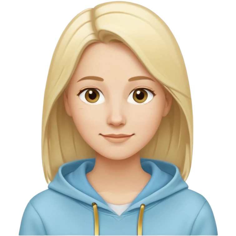 Caucasian woman, oval face, straight light blonde hair with side part, serene smile, dreamy expression, light blue hoodie with gold and white details emoji