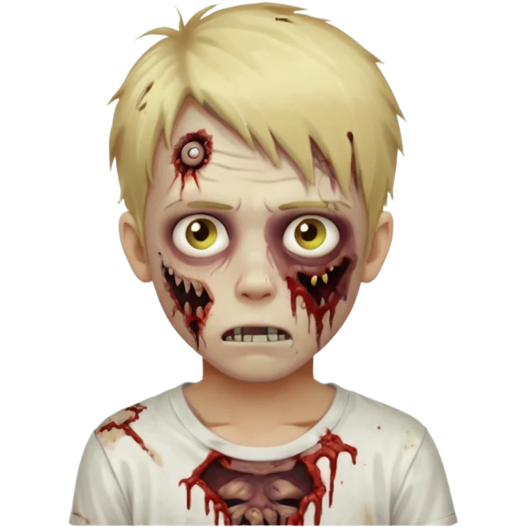 create boy blonde hair long messy, light eyes, white t shirt, style zombie emoji