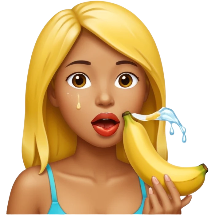 A photo of a woman putting a banana in her mouth and water dripping from her lips. emoji