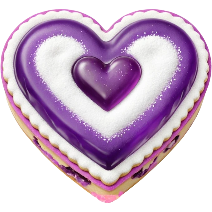 Realistic shortbread cookie in the shape of a heart with purple pastel jelly middle filling and sprinkled powder sugar on top. emoji
