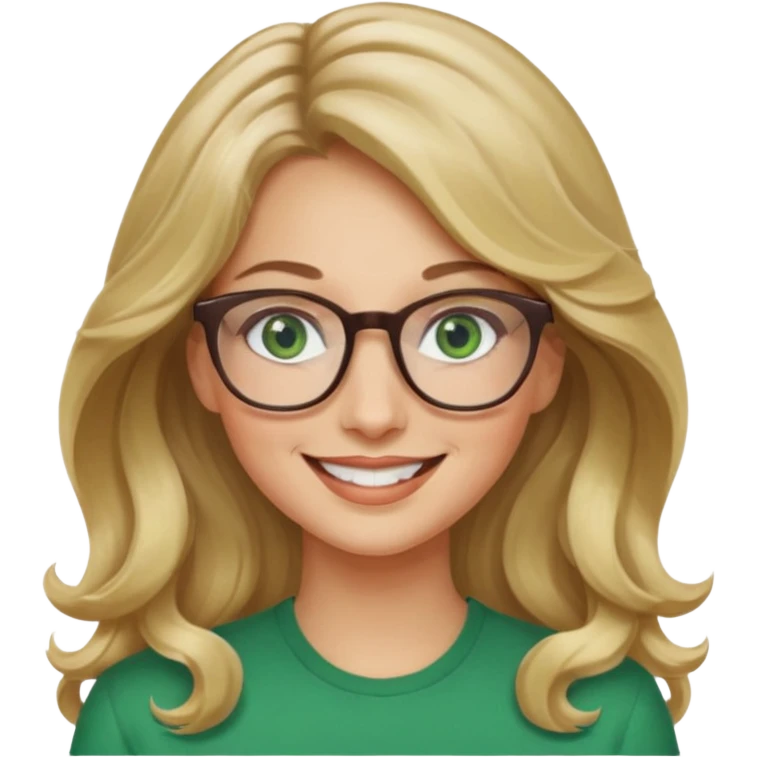 long wavy darker blonde hair woman with green eyes and glasses smiling emoji