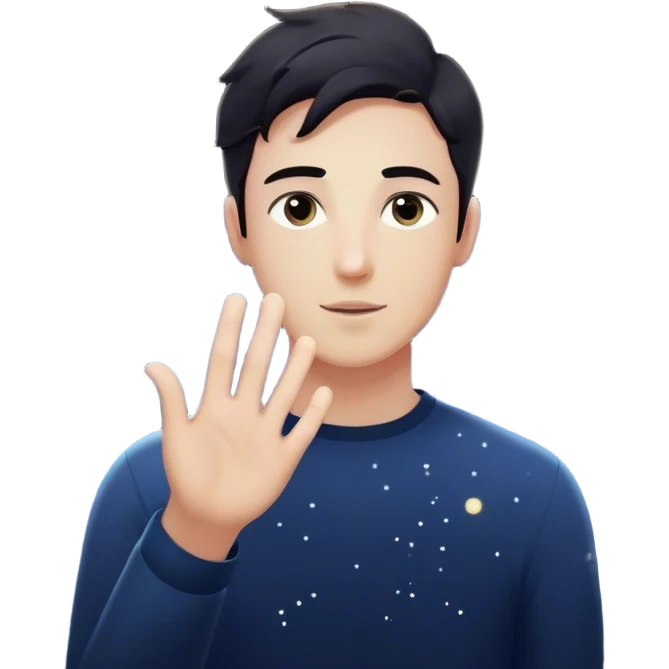 A young man in a vast, dark starry universe, surrounded by floating particles of light space. Each particle represents his personal universe. He reaches out, touching one, knowing that everything he does stays in this space forever. universe around him emoji