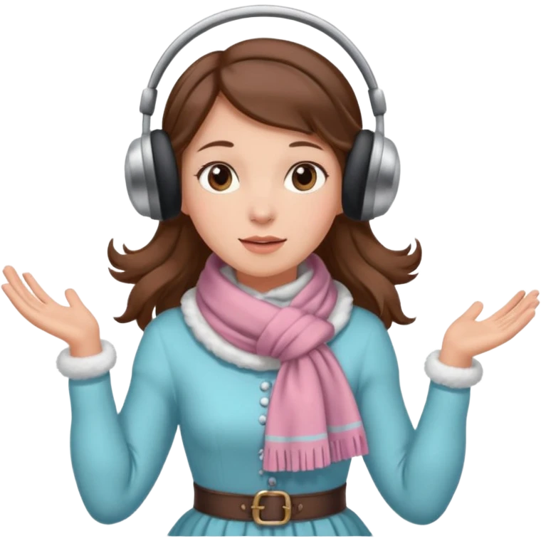 Victorian ice skater in a long dress. She is wearimg a scarf and earmuffs. She has boriwn hair. emoji