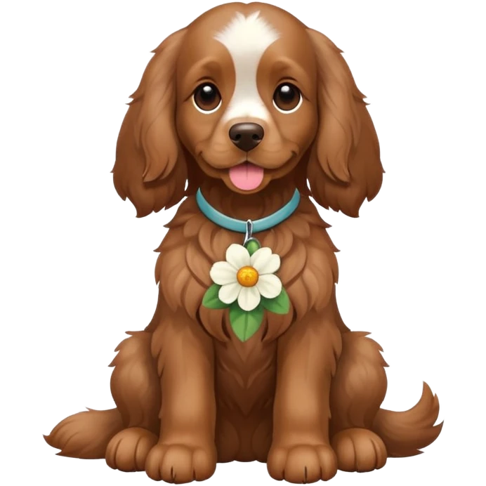 Full body shot of a brown cocker spaniel sitting happily with a flower emoji