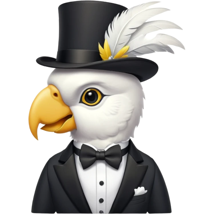 A cockatoo dressed in a tuxedo and a top hat emoji