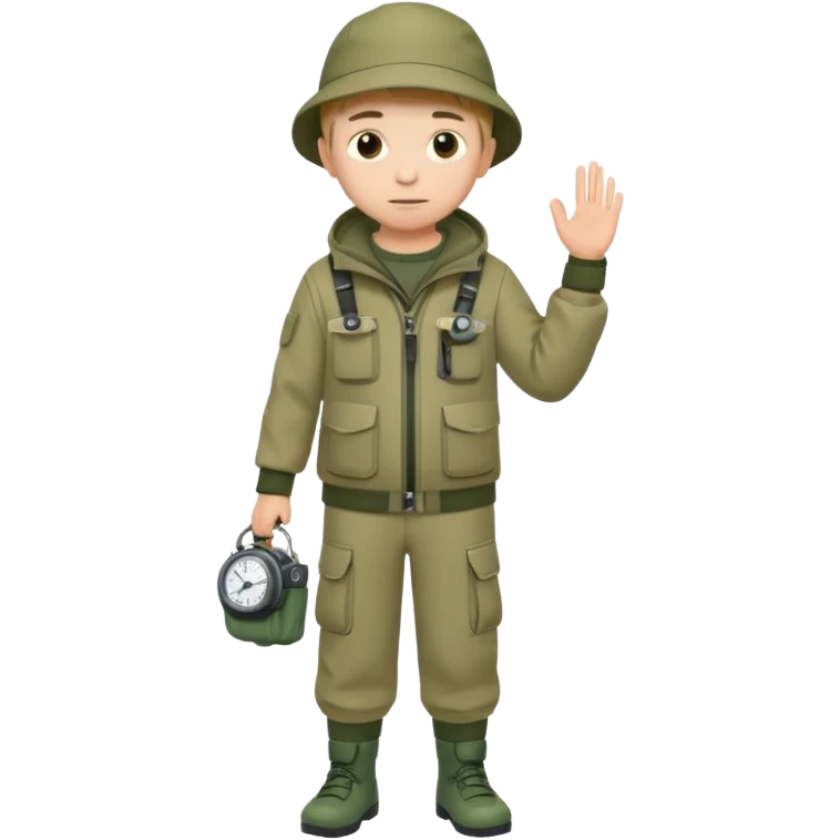 Boy in fishing suit looking at his wristwatch, full body emoji