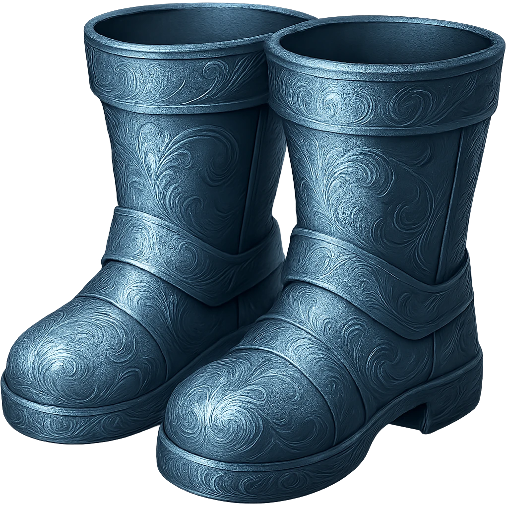Recolor these boots to match the blueish-gray steel color and ornate engravings of the reference helmet. Emphasize the cool metallic finish and detailed engravings, matching the helmet exactly. Transparent background. emoji
