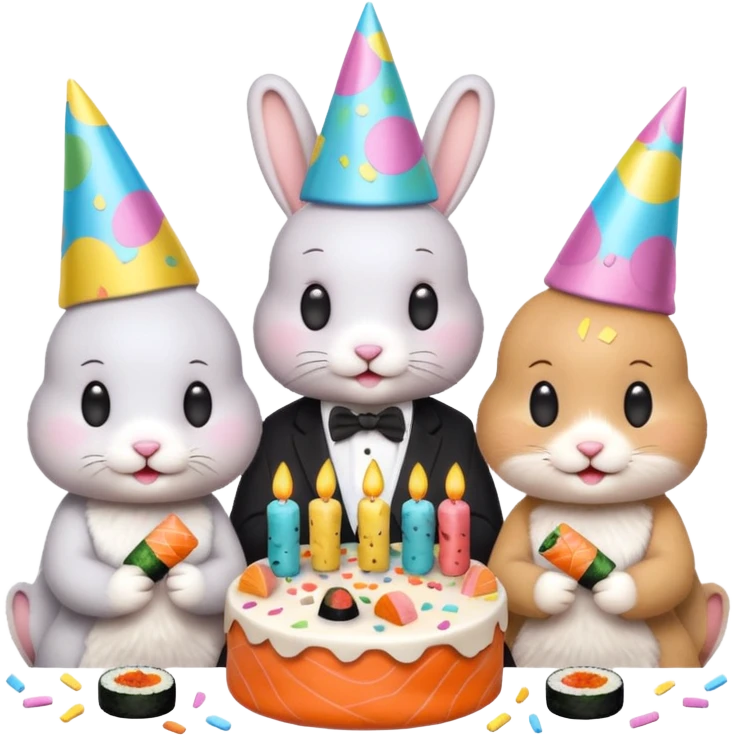 four bunnies together eating sushi at a birthday party, pastel colors, cute, confetti, birthday cake, new composition, emoji style emoji