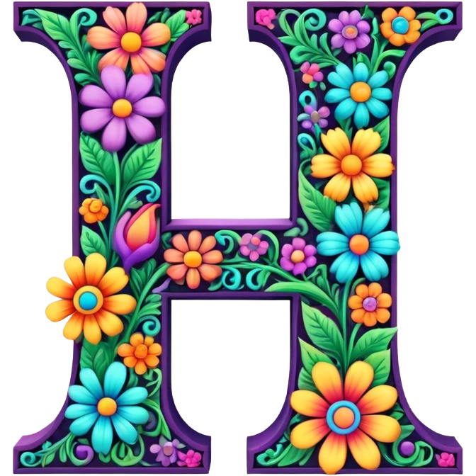 3D, gothic style psychedelic colored capital Letter L with hippie style flower border emoji