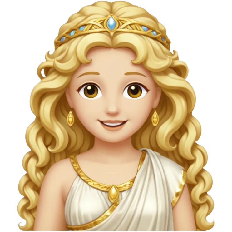 Psyche, Goddess of Soul from Roman Deities with long golden blonde wavy hair, ivory sequin toga emoji