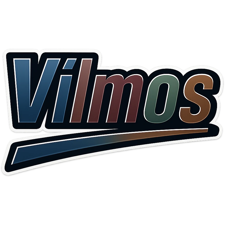 Vilmos name in masculine, modern, gradient font with precise Hungarian characters, dark outline, extra thick, prominent white border as in reference images, dynamic slanted underline, masculine color shades (blue, gray, burgundy, green, brown), 1000x1000 px, PNG, transparent background emoji