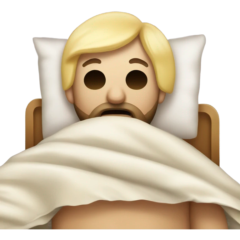 A blonde guy with beard, side fade cut and top long laying in bed with a blanket covering him up to his shoulders, a sleep mask on, and a pacifier in his mouth. emoji