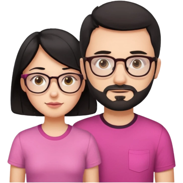 chico con gafas y barba corta moreno al lado una chica pelo negro piel blanca y camiseta rosa ojos marrones emoji
