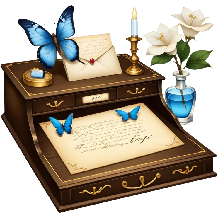 A poetic still life of an antique wooden desk adorned with an ink-stained love letter, a golden-tipped quill resting beside it. A translucent blue butterfly flutters near an elegant perfume bottle, surrounded by ivory gardenias and scattered pearls. emoji