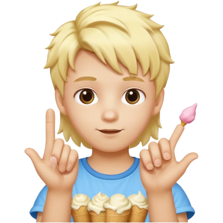 A kid with blonde icecream hair with two hands that has 6 on the left hand and 7 on the right hand emoji