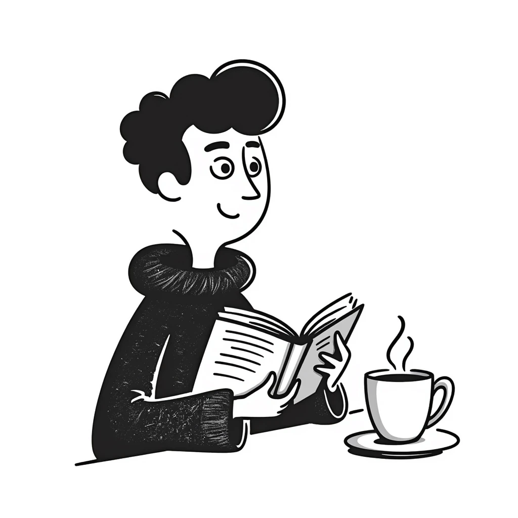 Chaucer reading and drinking tea, playful and sketchy, hand-drawn doodle style emoji
