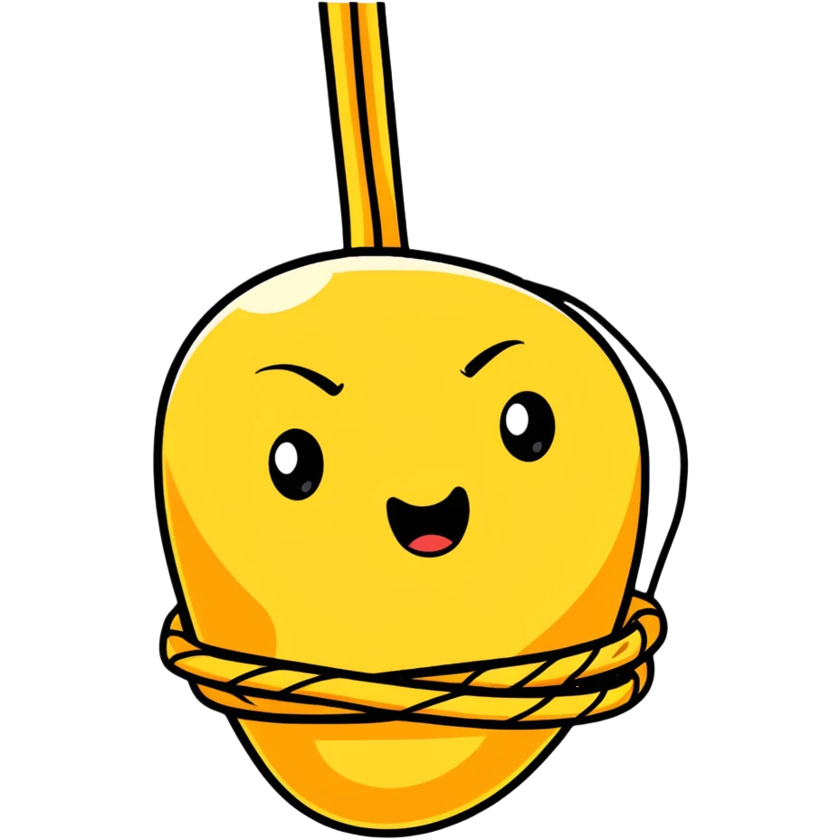 A funny cartoon character completely entangled in rope with just their face peeking out, looking silly emoji