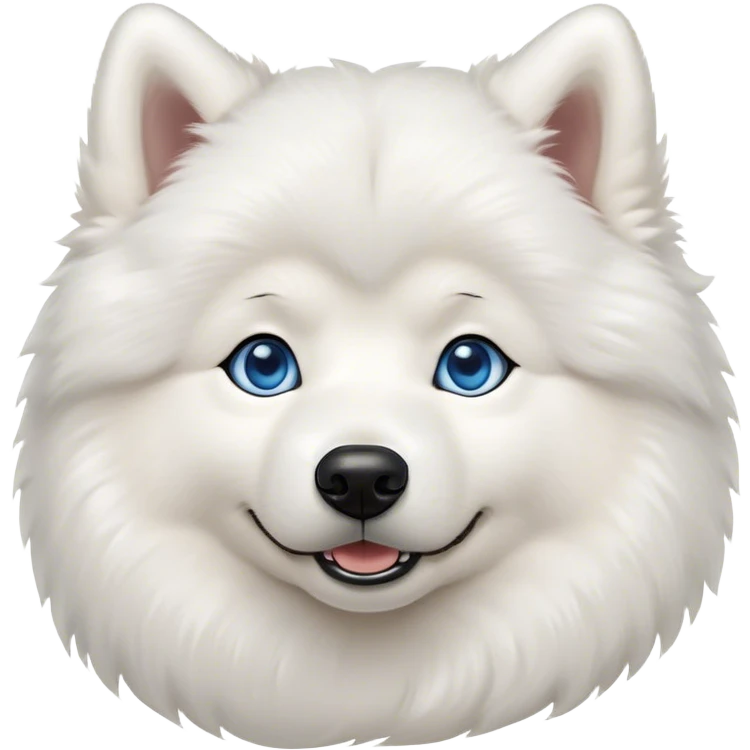Cinematic Cute Samoyed Portrait Emoji, Head tilted playfully and inquisitively, featuring a fluffy, pristine white Fur with a natural sheen, round, sparkling blue eyes filled with curiosity, Simplified yet irresistibly adorable features, highly detailed, glowing with a warm, friendly glow, high shine, affectionate and lively, stylized with a touch of whimsy, bright and endearing, soft glowing outline, capturing the essence of a mischievous yet loving companion, so playful it feels like it could frolic out of the screen and into your arms! emoji