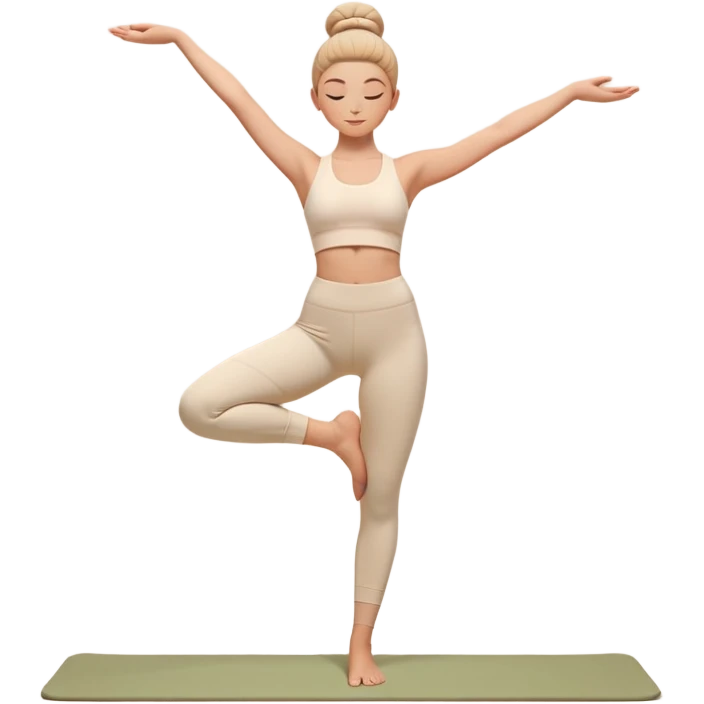 A 3D aesthetic emoji-style illustration of a woman doing yoga in a cozy and minimalist design. She is wearing a soft white yoga outfit and is in a graceful standing pose with one leg lifted and arms elegantly extended. Her skin is warm-toned, and her hair is neatly tied in a bun. The color palette is soft and pastel, featuring beige and warm tones for a soothing, relaxing aesthetic. The design should be smooth, high-quality, and visually similar to Apple’s emoji style but with a softer, more aesthetic touch. emoji