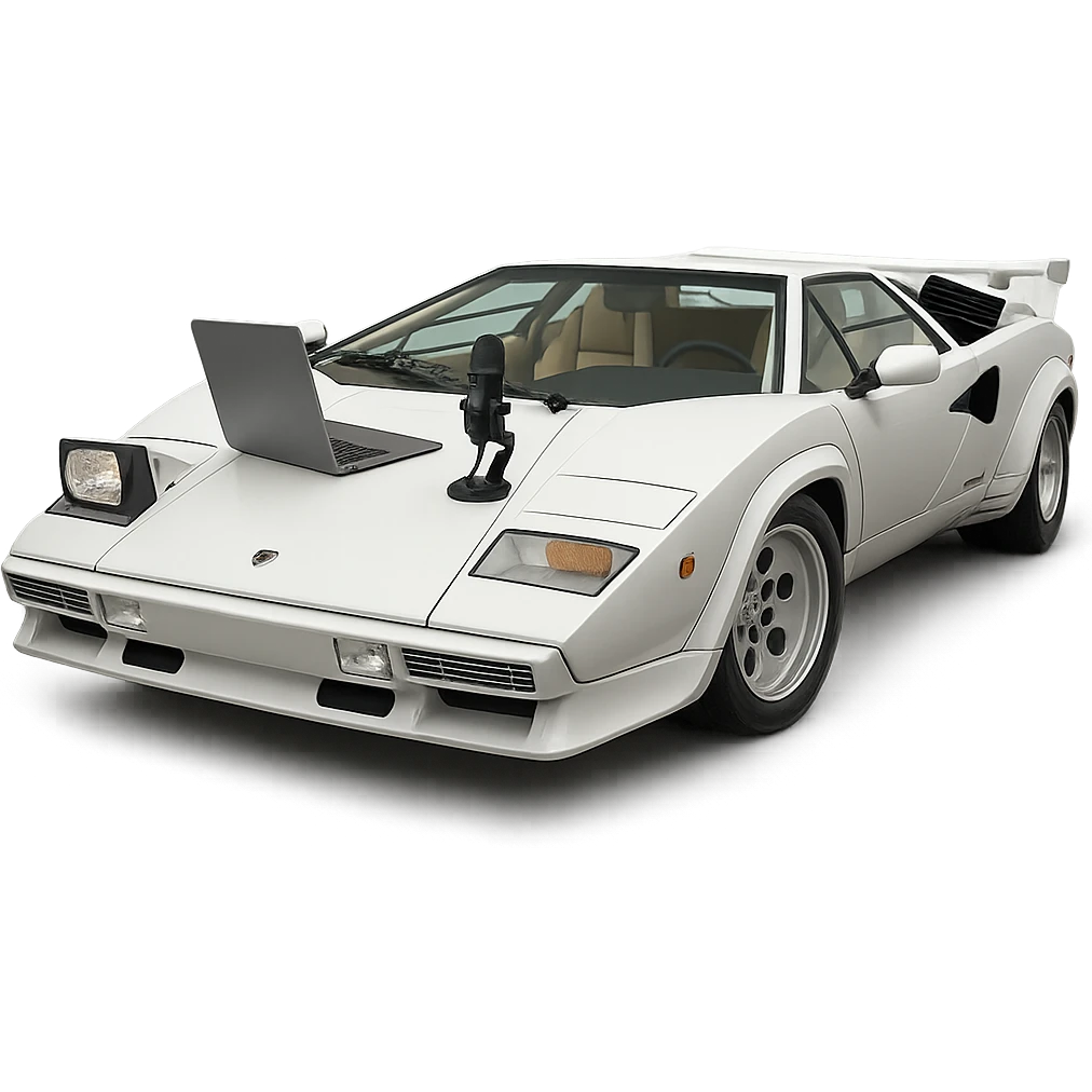 Lamborghini Countach with a laptop and recording microphone on the hood emoji