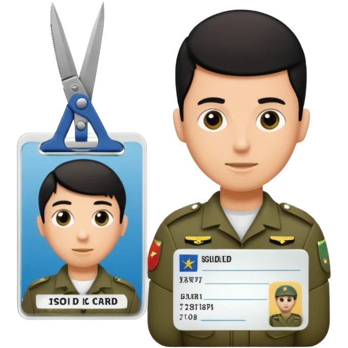 Floating black Scissors cutting an idf soldier ID card in 2 parts .hyper realistic emoji