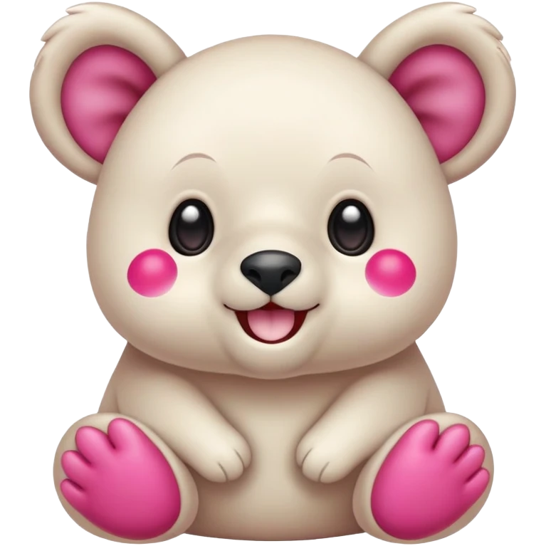 Osito blanco cuerpo completo, circulo en estomago y orejas rosa, guiñando el ojo izquierdo y sonriendo con brazos levantados.
 emoji