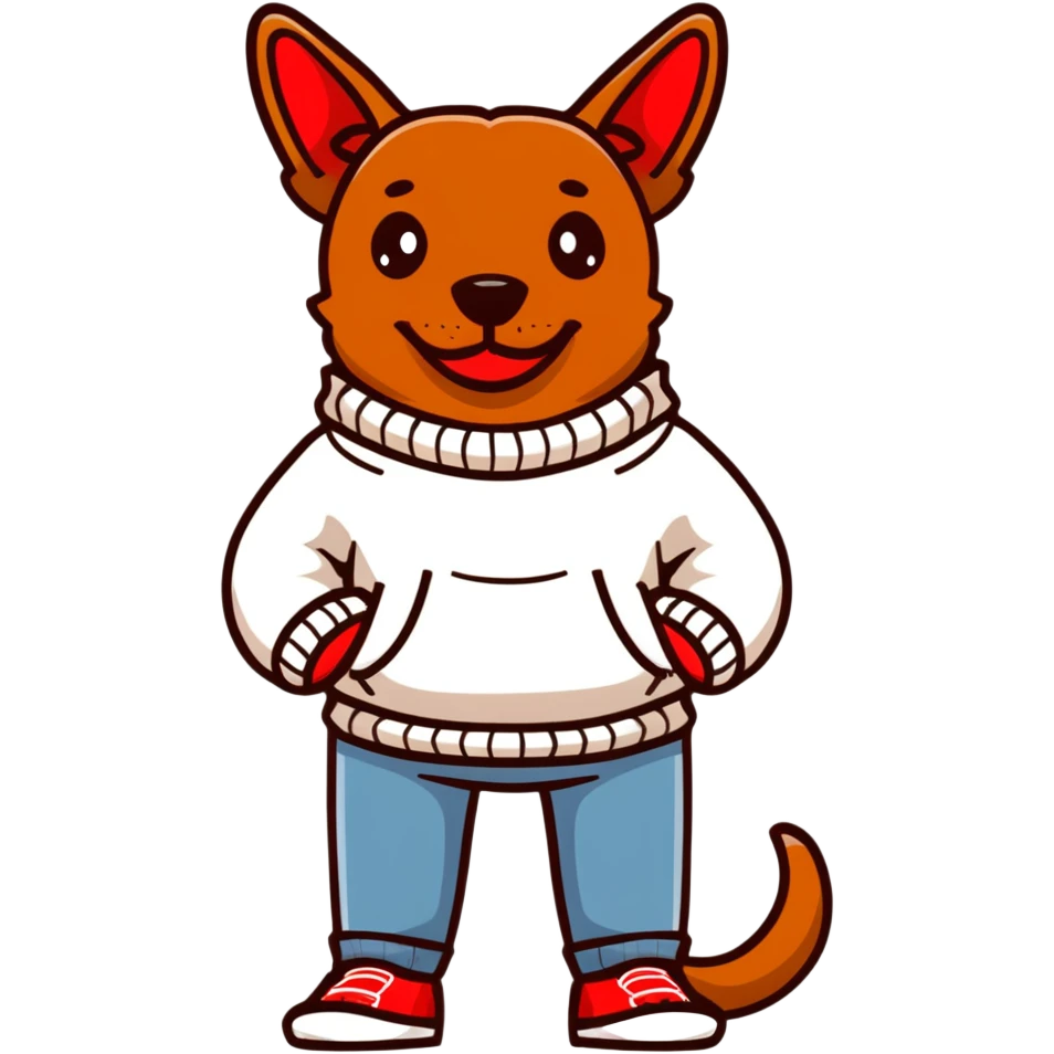 Brown dog standing upright with hands in jean pockets, wearing a white sweater and red shoes emoji
