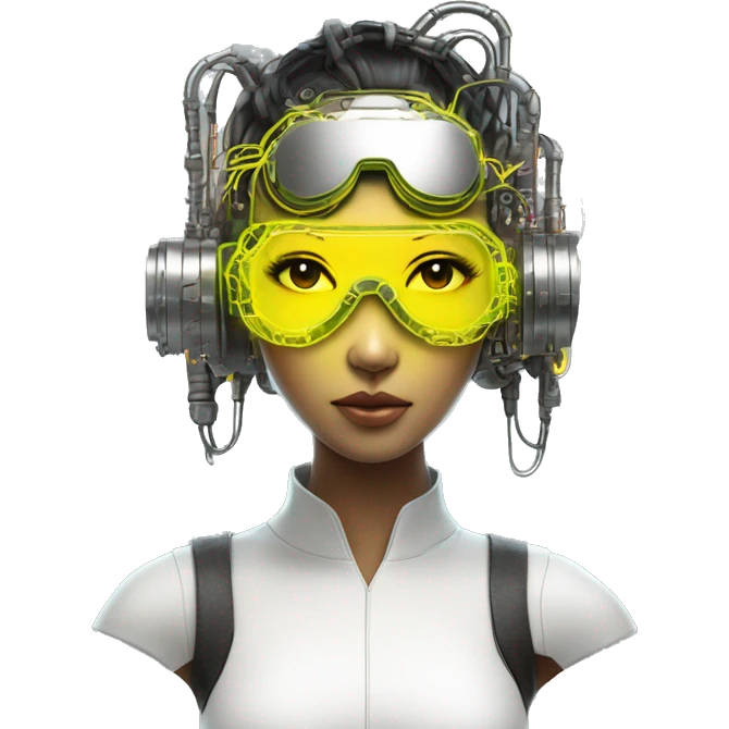 Neon yellow bobbed hair Asian female cyborg head with silver steampunk goggles and circuits emoji
