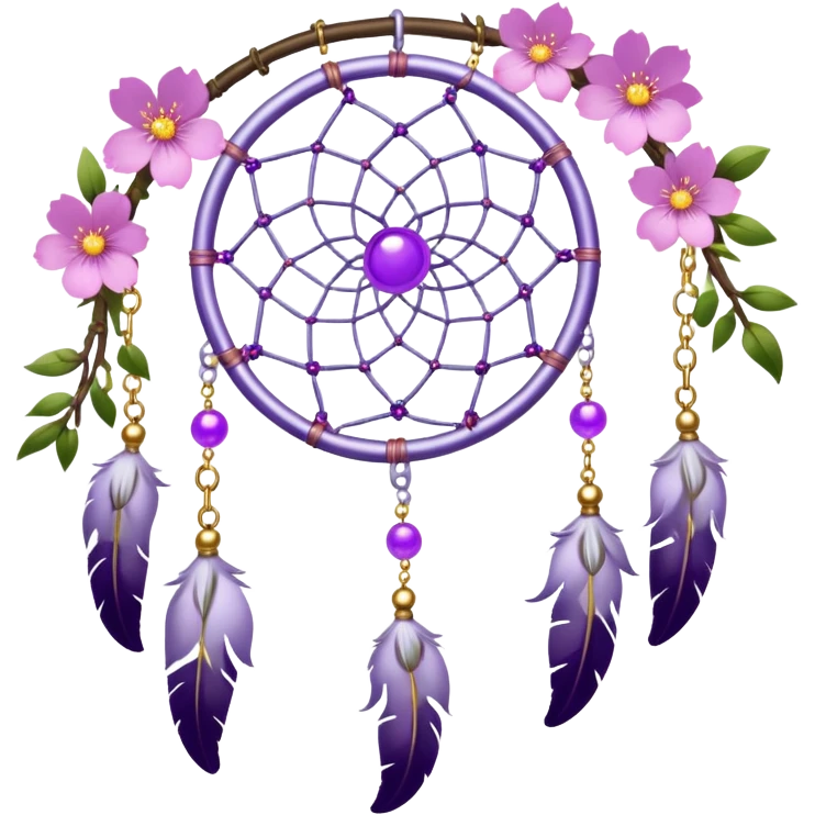 A silver-framed Dreamcatcher. with purple-round-orbs, gold-rings hanging down. purple flowers, pink sakura flowers, emoji