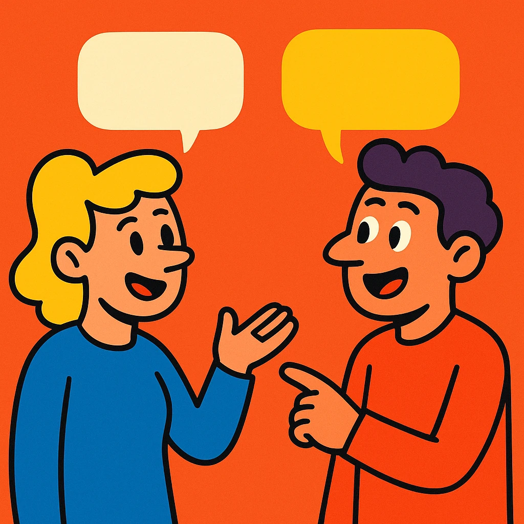 two people talking with dialog balloons, vibrant cartoon style emoji