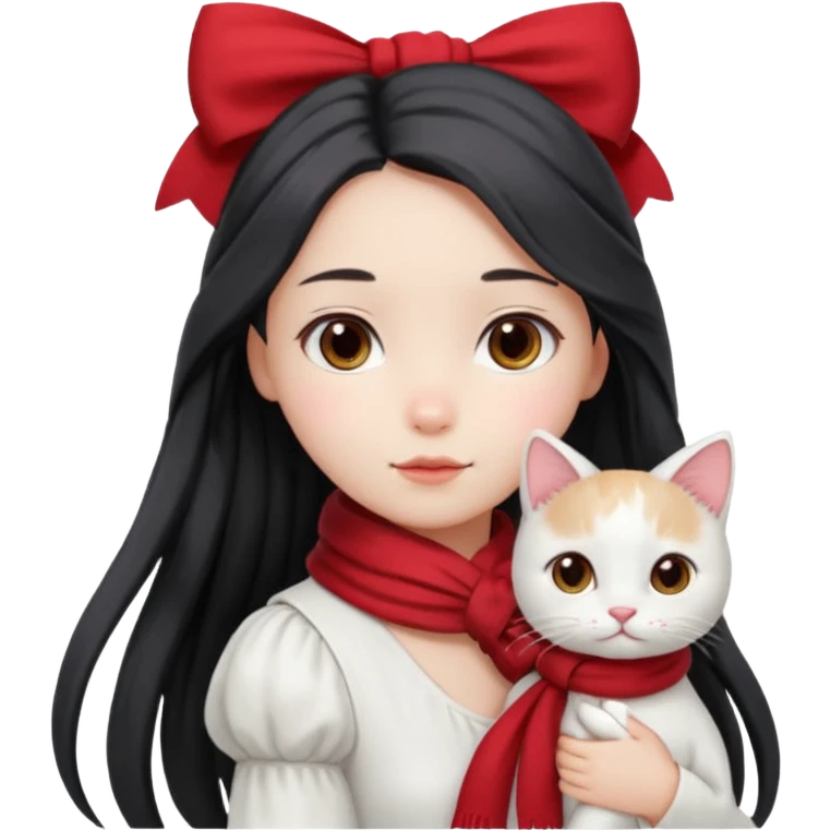 girl with long dark braid and bow, red scarf, white dress, holding white cat on shoulder, seen from behind, same pose as reference, iOS emoji style, smooth glossy texture, soft lighting, kawaii emoji