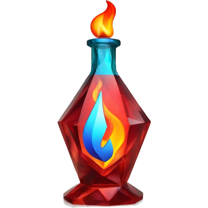 flame in a bottle sculpture symbolizing Sagittarius with a geometric, faceted design. The symbol is standing upright with angular and disney features. The vibrant red flame colors highlights the sharp edges and planes. emoji