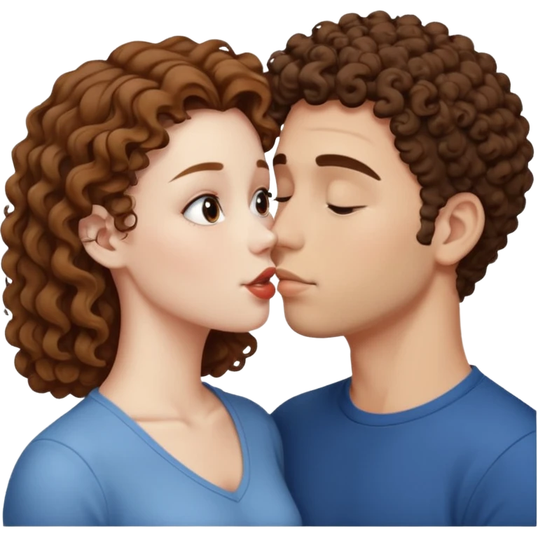 A couple kissing, the man would be white-skinned, mid fade-curly, brown-hair. The serious woman with white skin, brown color emoji