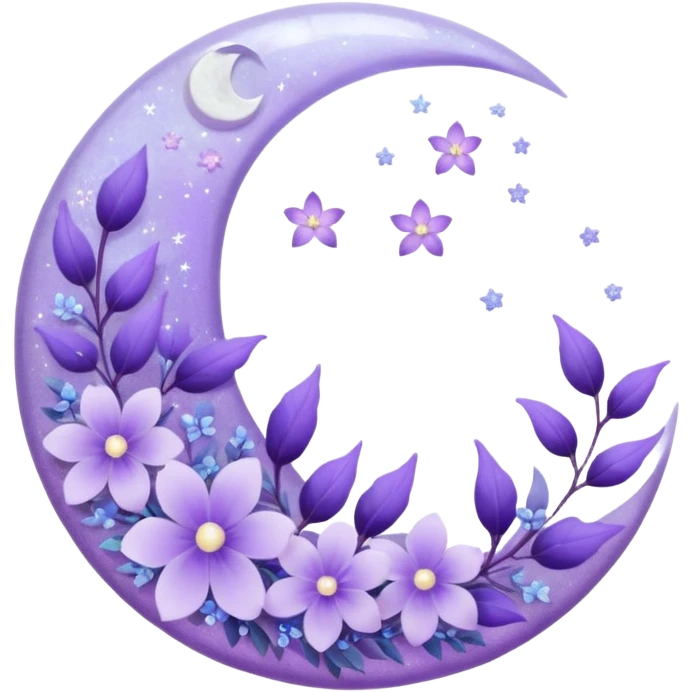 Beautiful poetic ethereal romantic magical aesthetic sparkly glittery shiny pretty floating pastel lilac lavender Violet moon and flowers and leaves aesthetic deco emoji