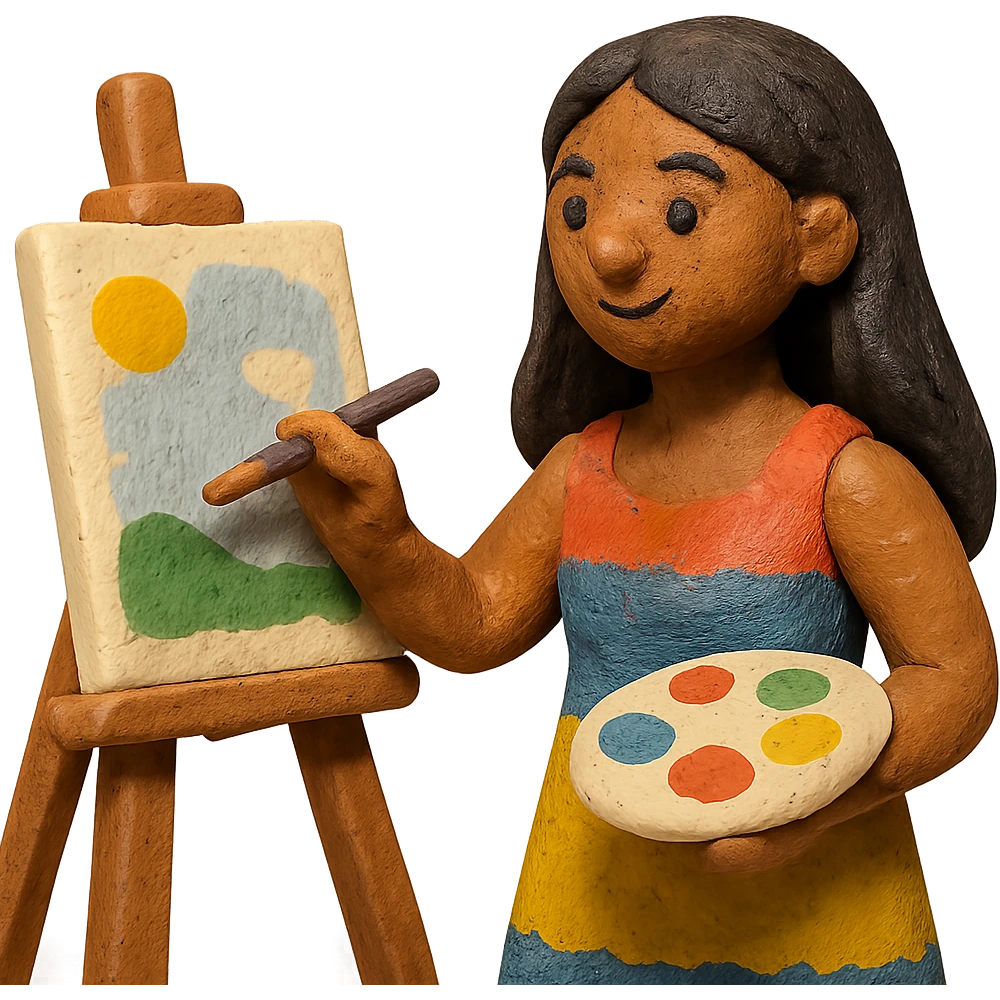 tanned woman artist with long black hair, wearing a colorful dress, painting at an easel, holding a palette and brush, claymation style emoji
