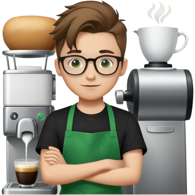 white barista boy with green apron, glasses, brown ponytail and black shirt  emoji
