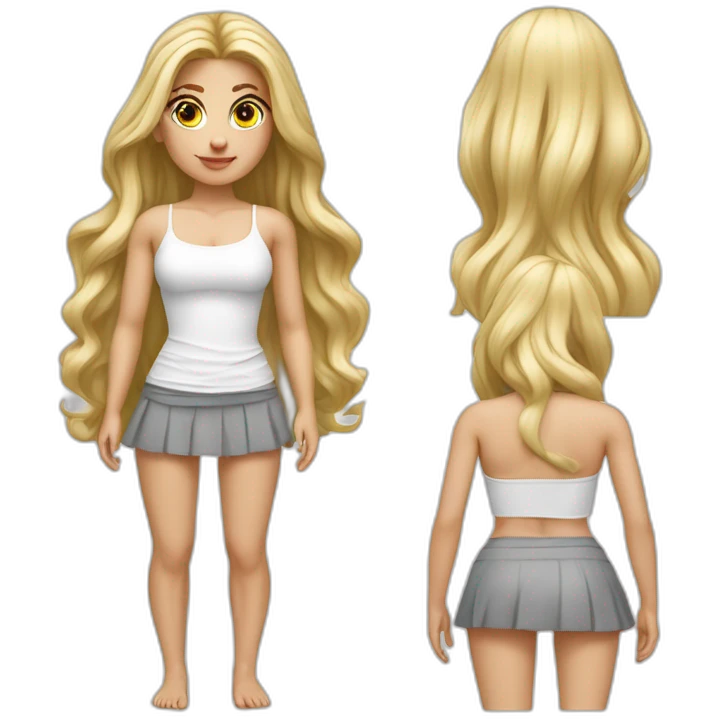 hyperrealist caucasian long blonde hair brown eyes woman sexy white crop tank top gray tight mini skirt emoji