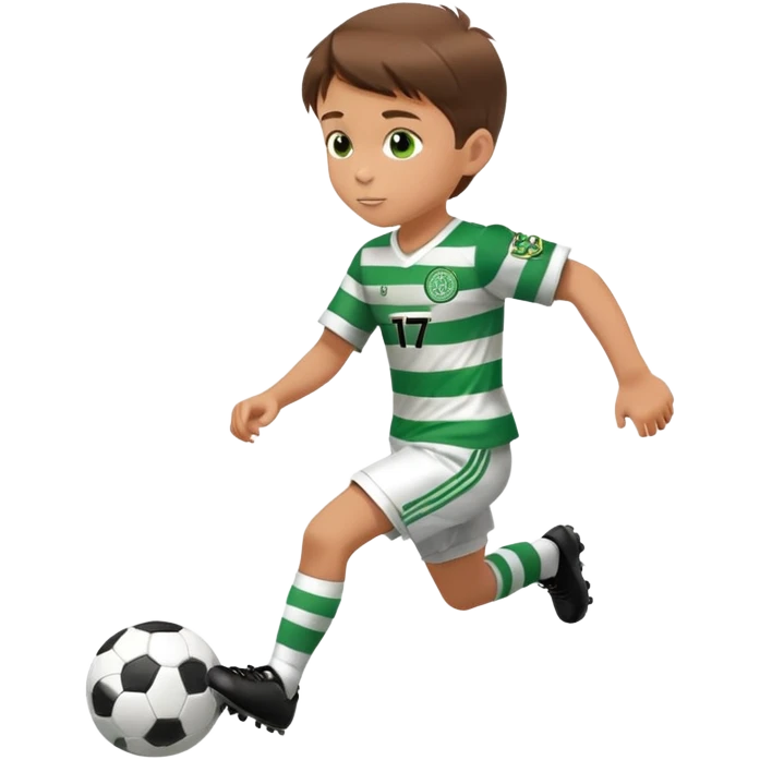 Celtic footballer jersey logo  6 years old brown hair white boy , stripes uniform , RUNNING  with soccer ball # 17 celtic football logo PUT ONLY ONE LOGO emoji