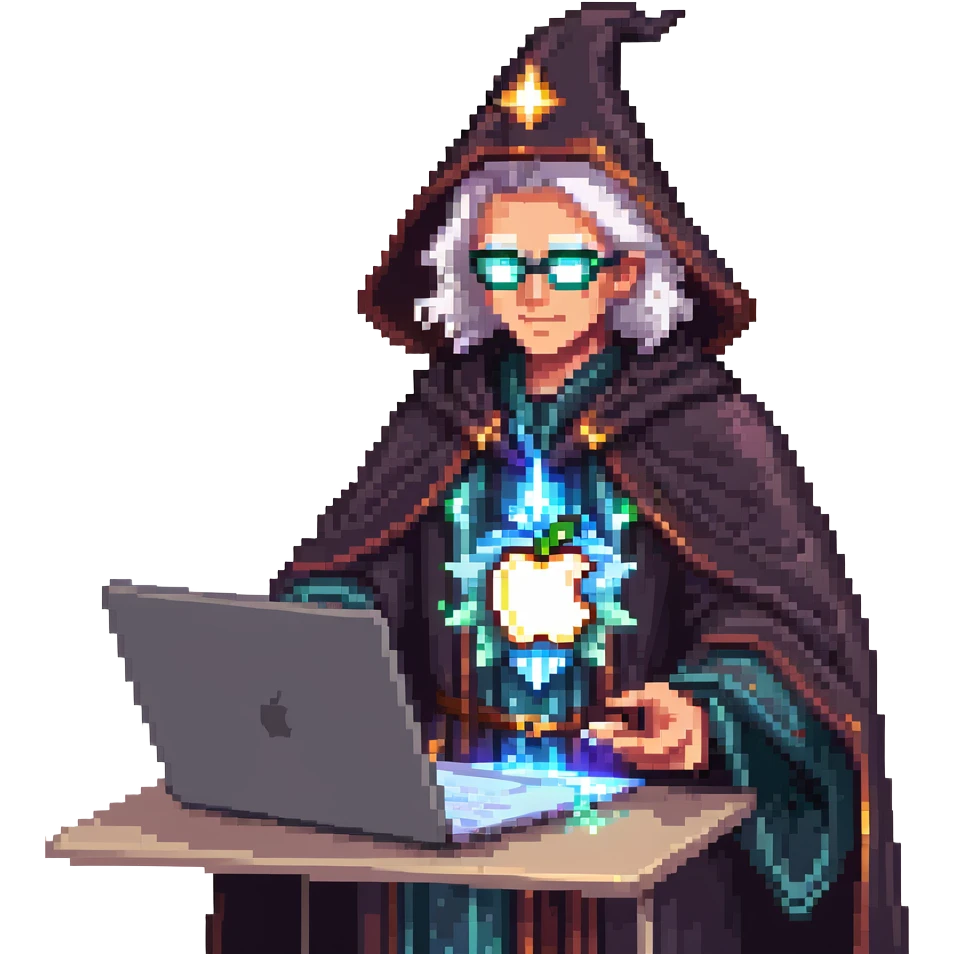 powerful wizard coding on an Apple laptop, glowing magical aura surrounding him, confident expression, looks like the ultimate boss of coding, wearing impressive dark robe emoji